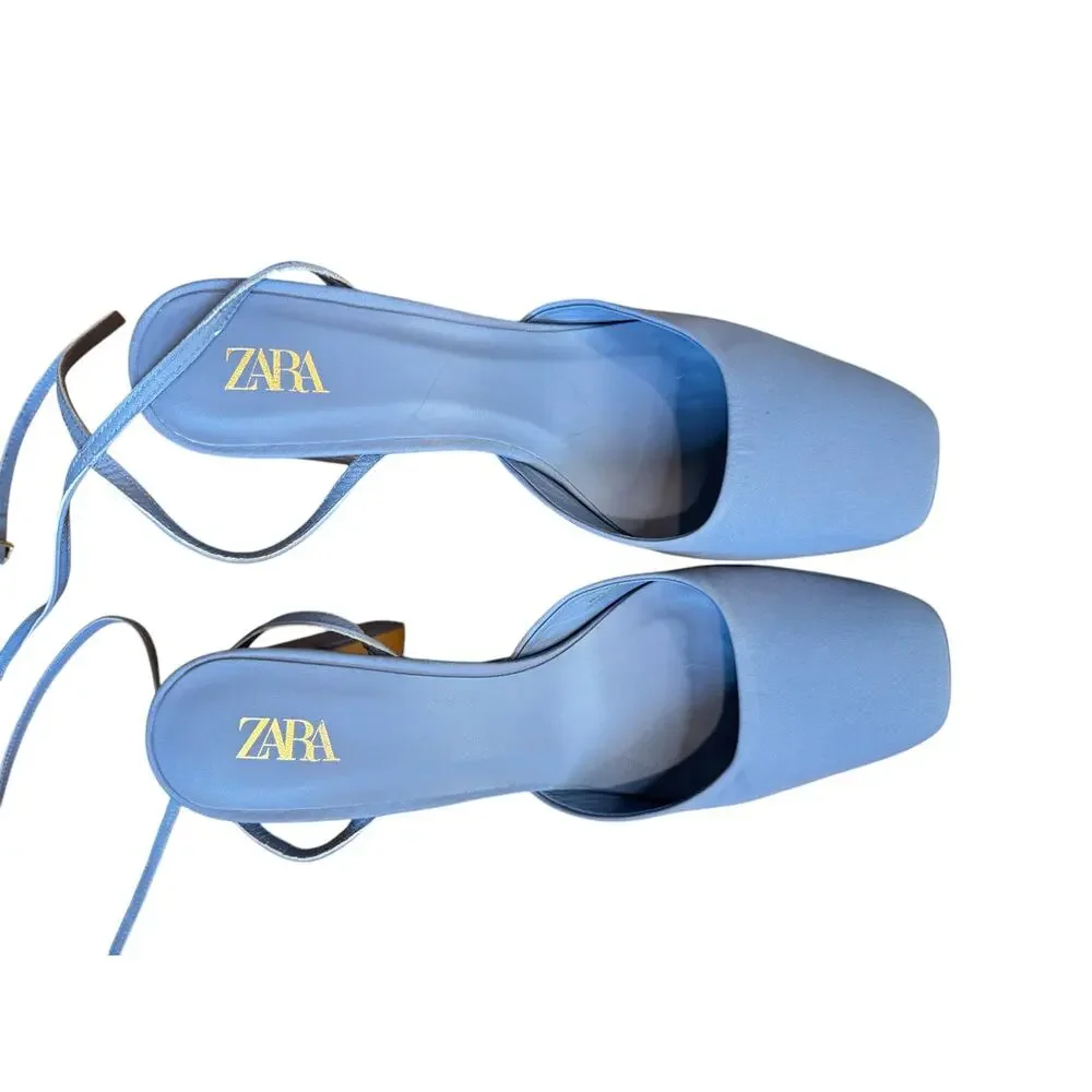 ZARA Chunky Heeled Platform Shoes Size 40 Blue Satin EUC $129 MSRP Square Toe - Picture 6 of 13